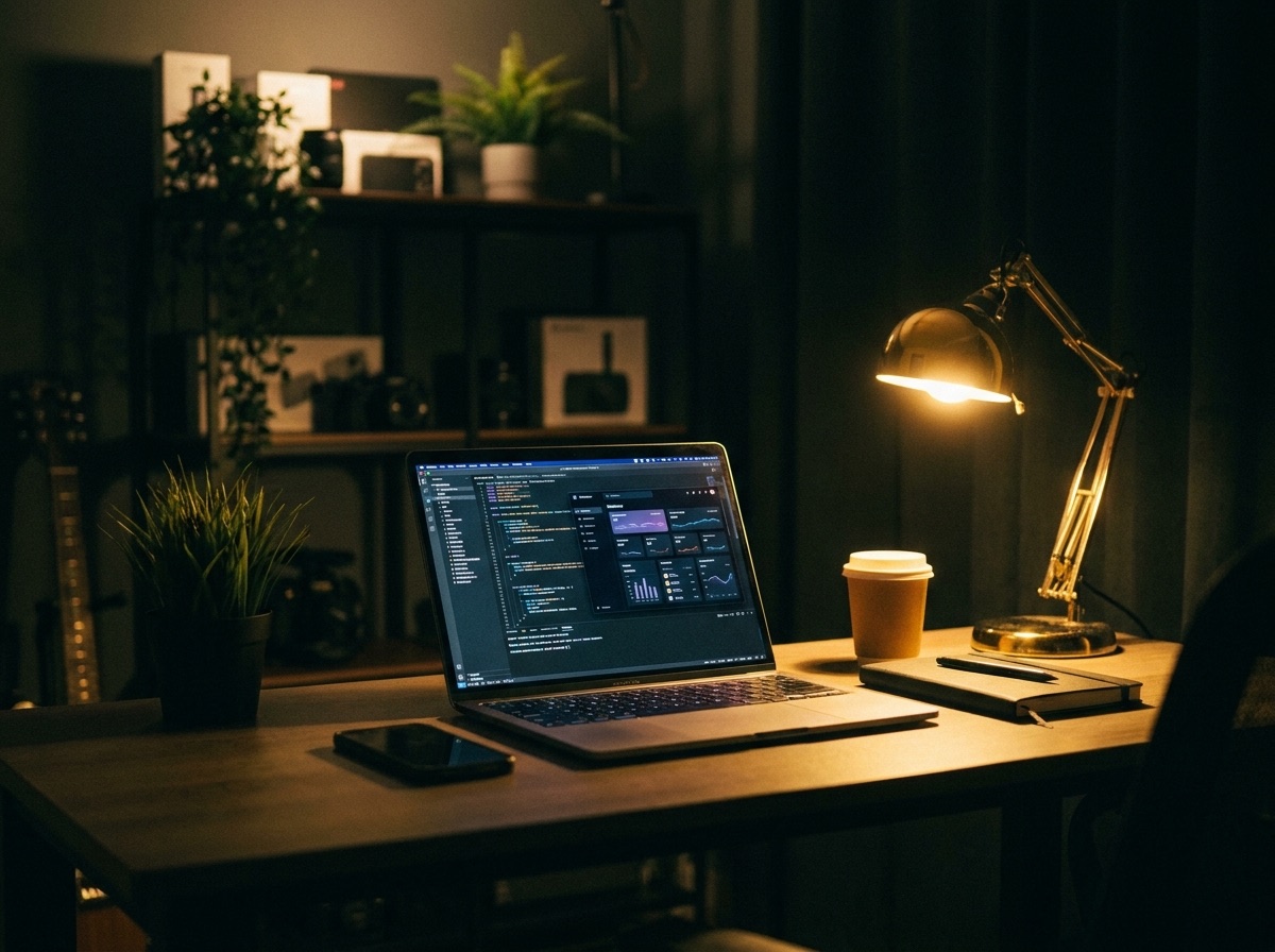 A studio desk at night lit by a warm lamp with code on screen