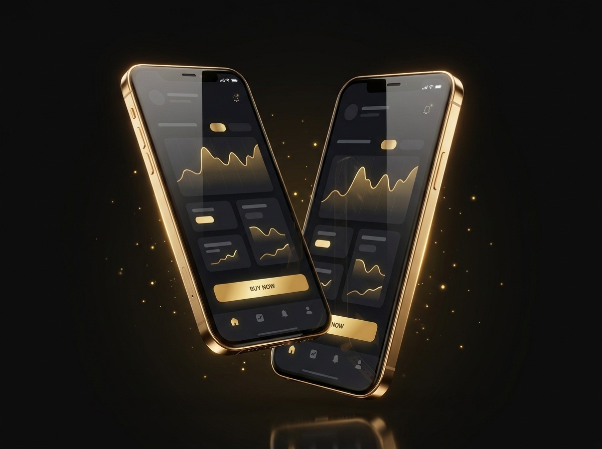 Smartphones showing a dark dashboard app with gold charts