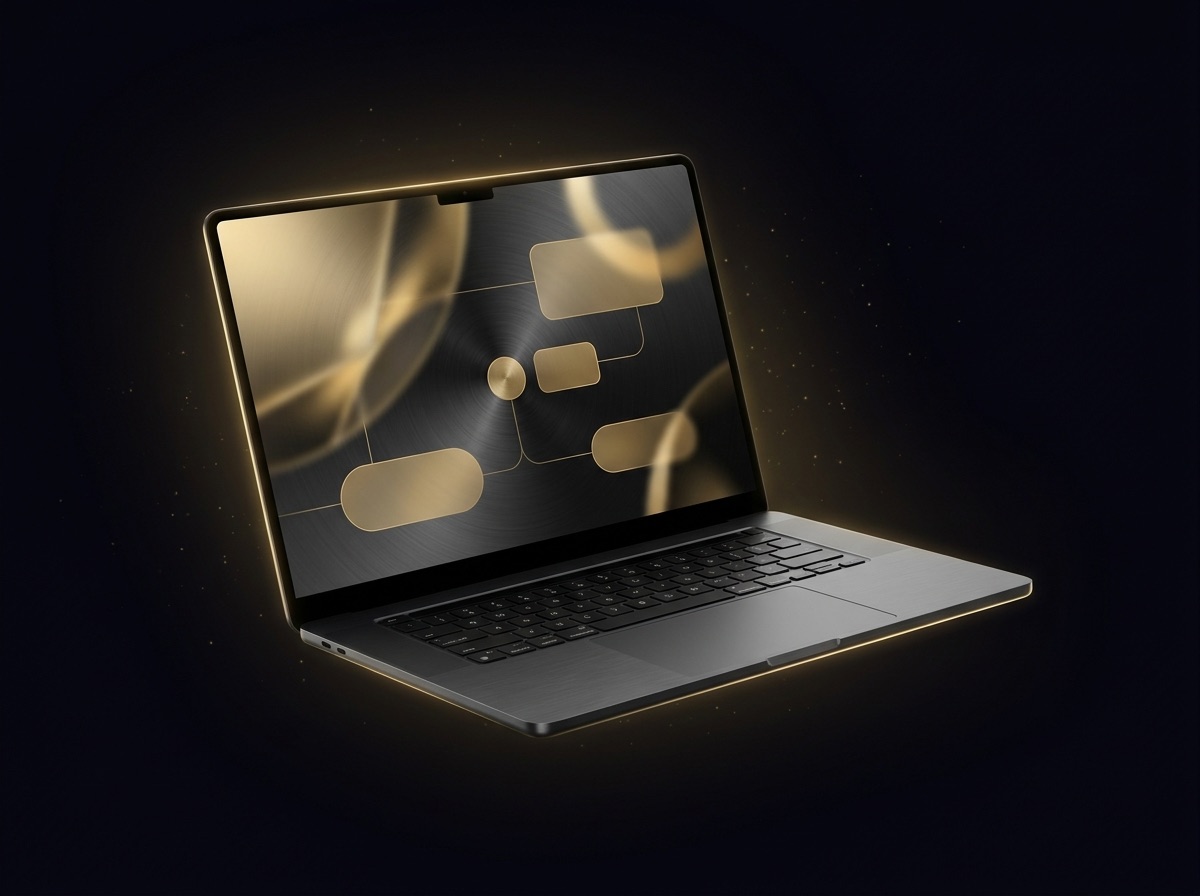Laptop showing a premium dark website with gold accents