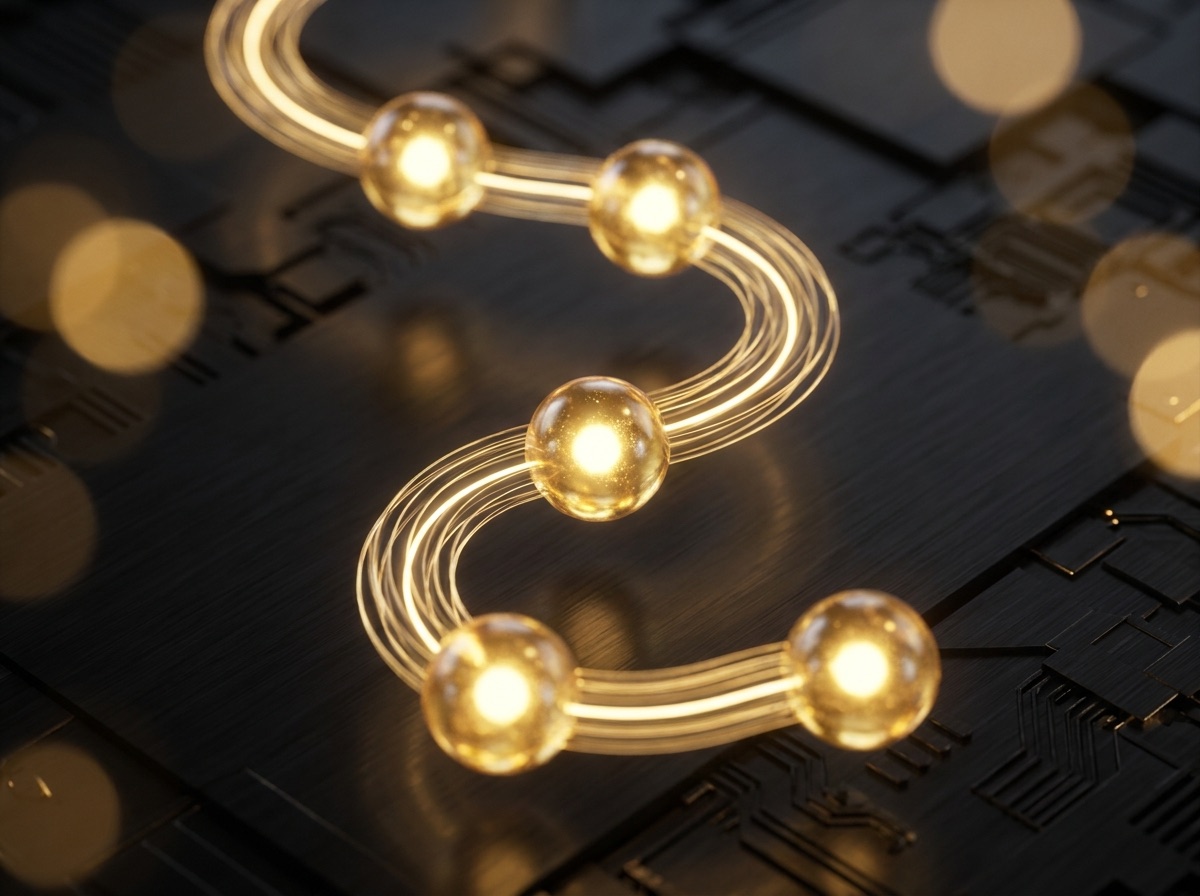 Glowing gold nodes connected in an automated workflow